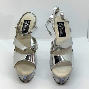 Silver Pleaser 6” Platform High Heels With Ankle Wraps. Size 9.